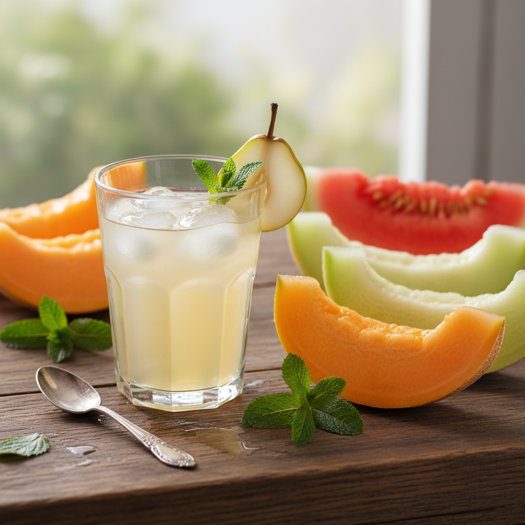 Pear juice and melon slices